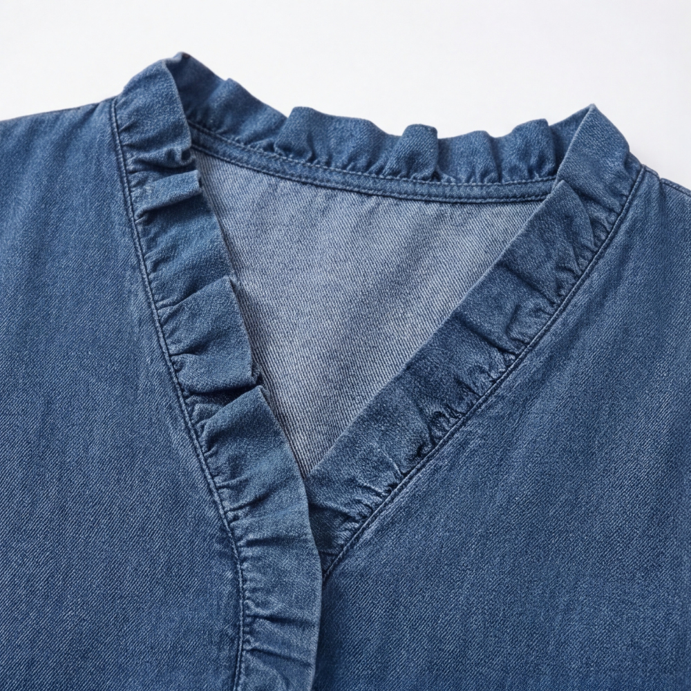 Vivara – Soft Ruffle V Neck Denim Blouse