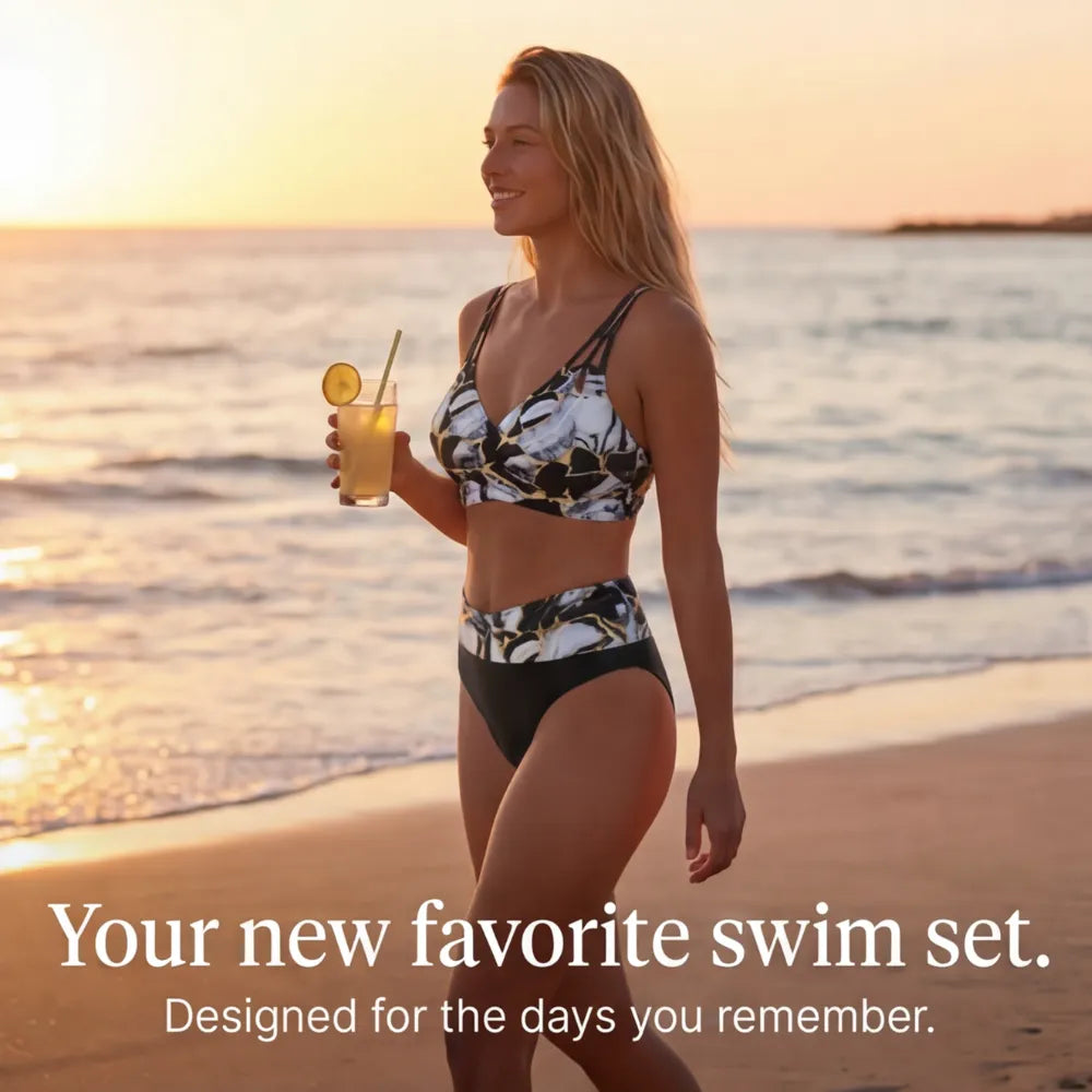 Marella – Marble Print High-Waist Bikini Set with Strappy V-Neck Top