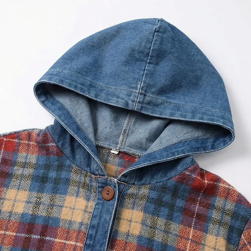 Weslyn – Women’s Contrast Denim Plaid Hooded Jacket