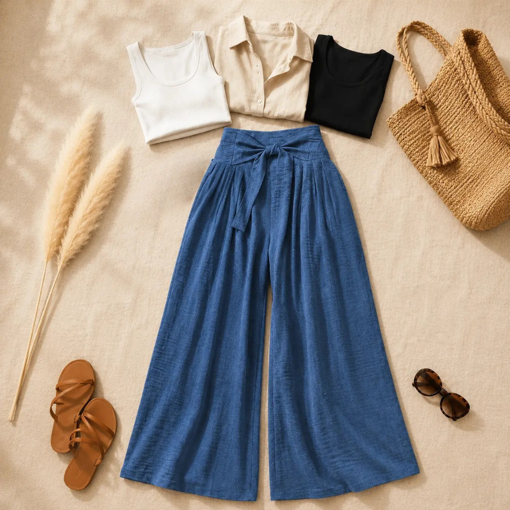 Driftlane – High Waisted Tie Front Wide Leg Pants for Women