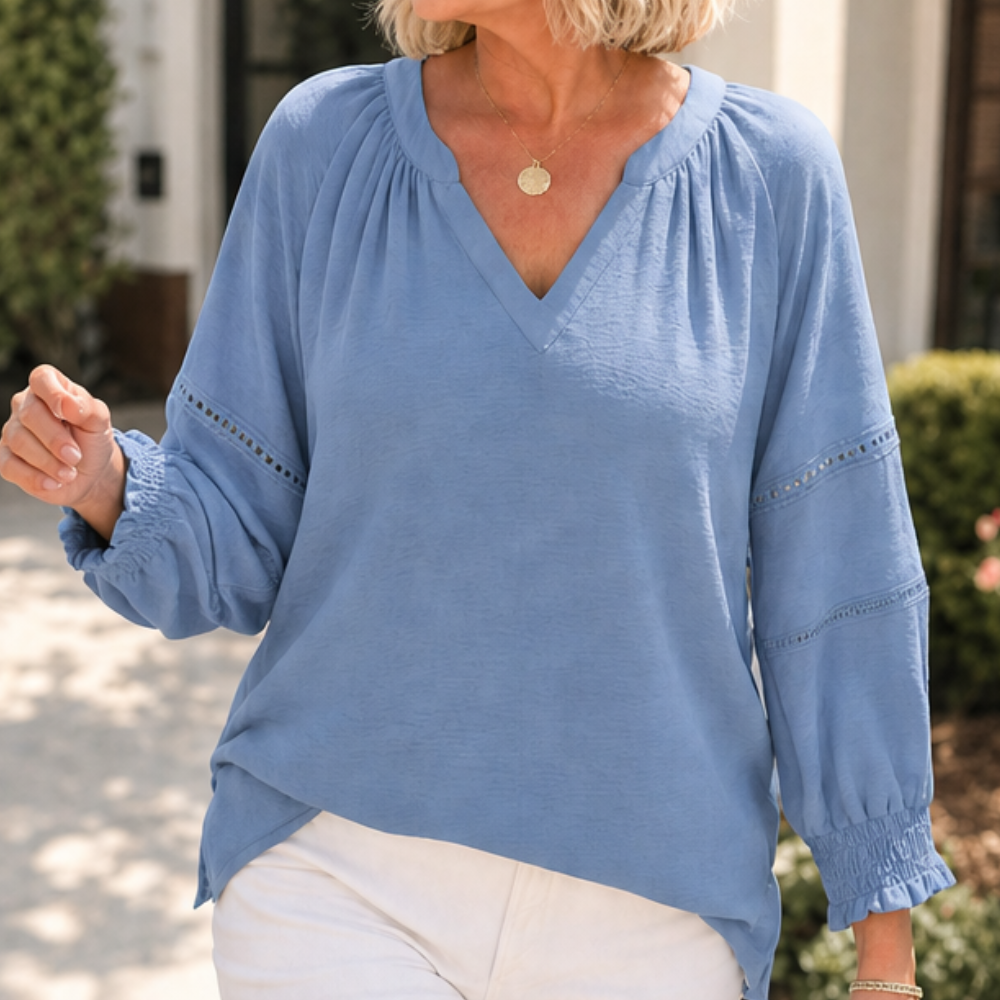 Belvora™ – Lantern Sleeve V-Neck Blouse