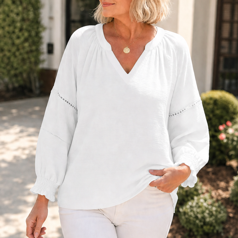 Belvora™ – Lantern Sleeve V-Neck Blouse