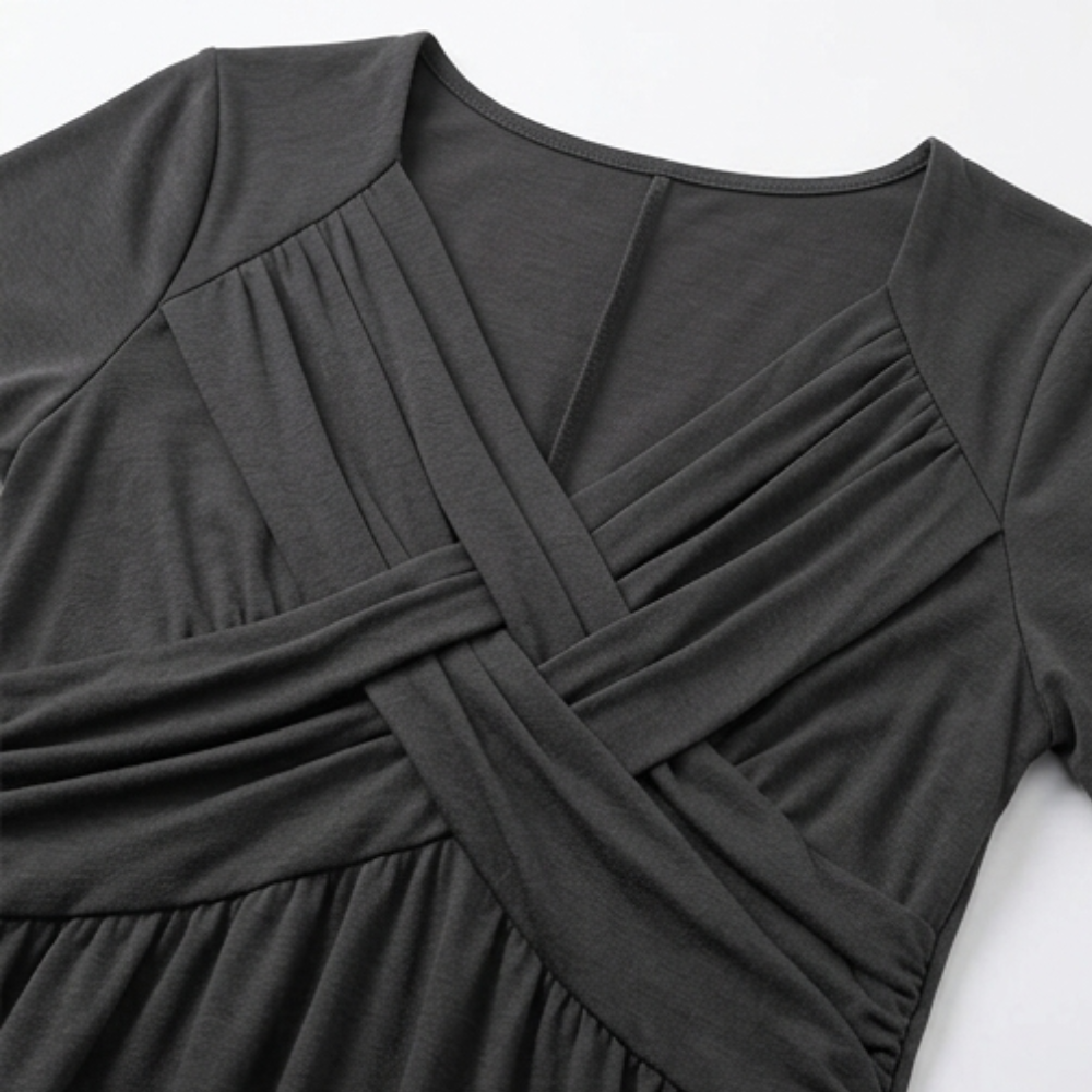 Veluna – Crossover V-Neck Midi Dress with Pockets