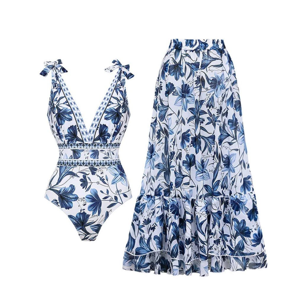 Coralina – Floral Swimsuit and Matching Skirt Set