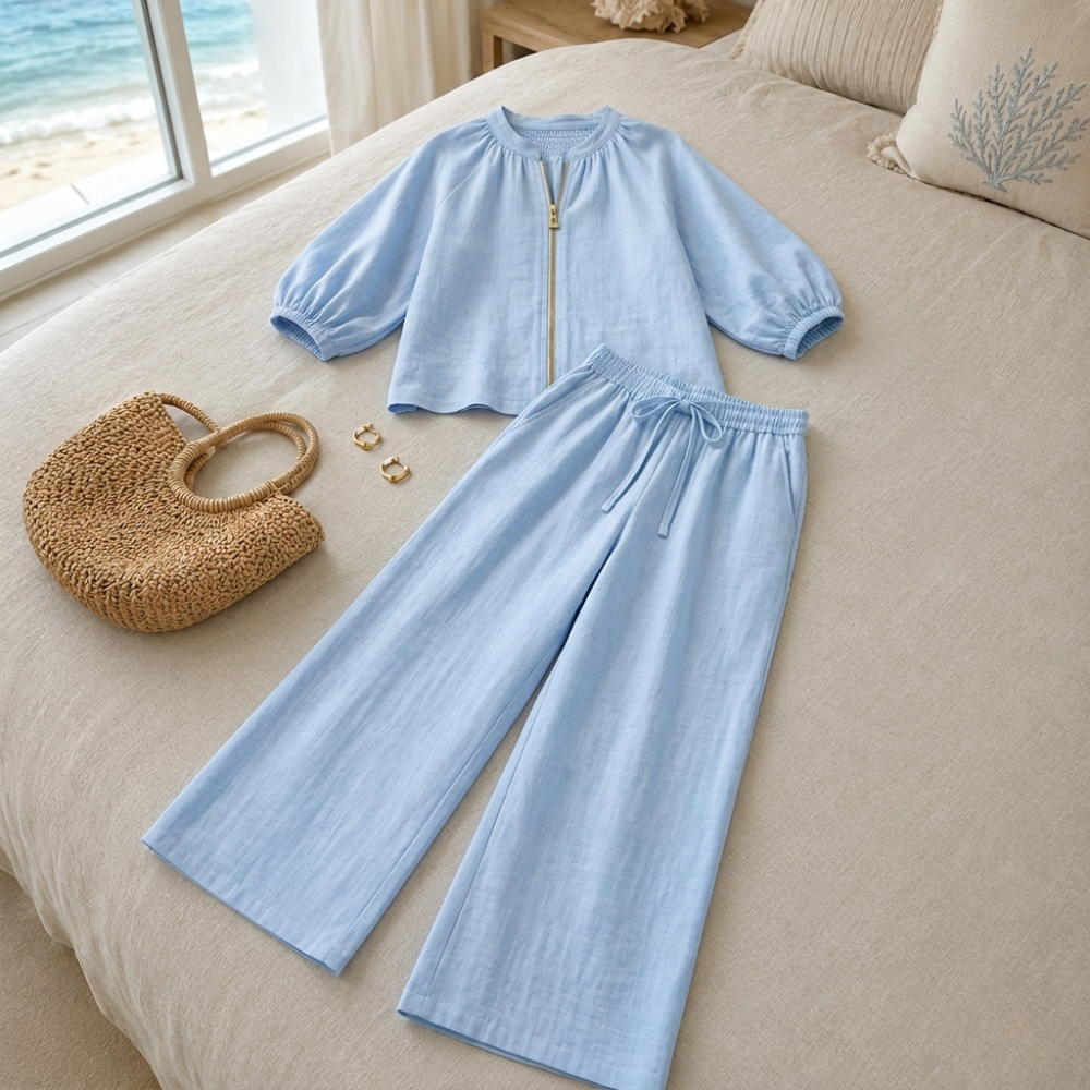 Veluna – Women's Linen Two-Piece Set with Gold Zip