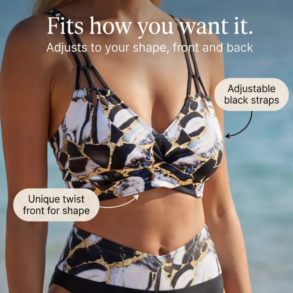 Marella – Marble Print High-Waist Bikini Set with Strappy V-Neck Top