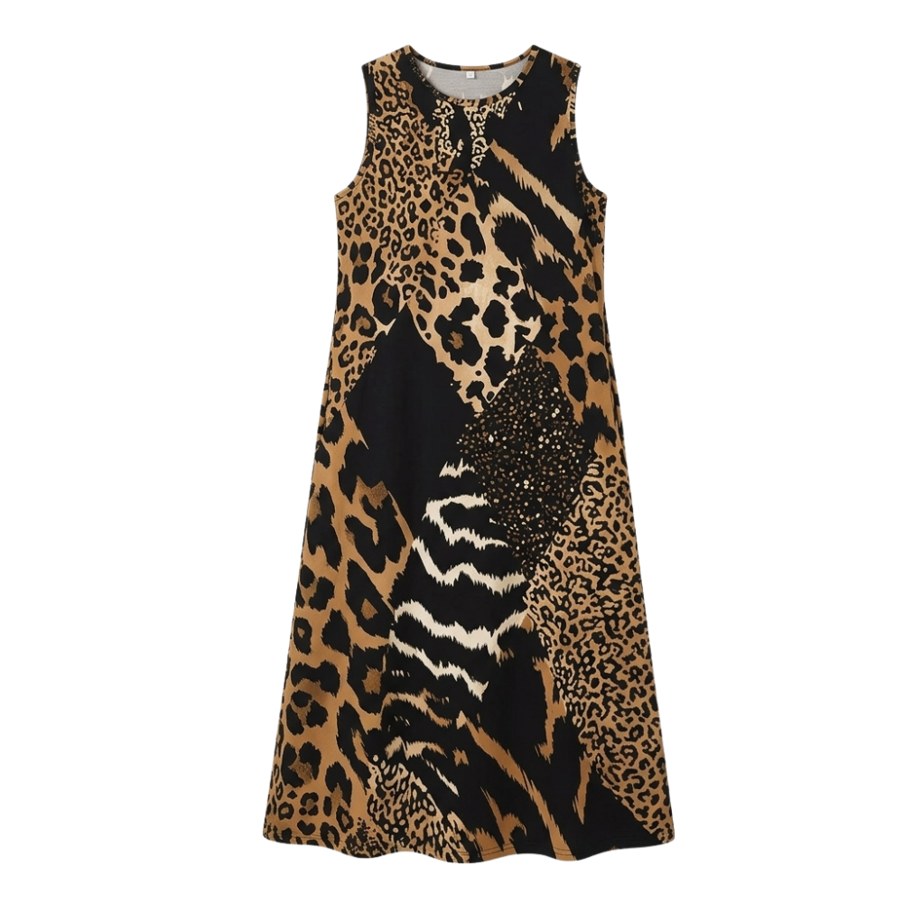 Vivara – Sleeveless Leopard Patchwork Midi Dress