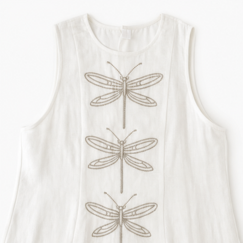Solenne – Sleeveless Dragonfly Maxi Dress with Drop Waist