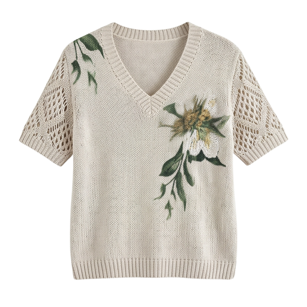 Rosavelle – Women's Floral Crochet-Sleeve Knit Top