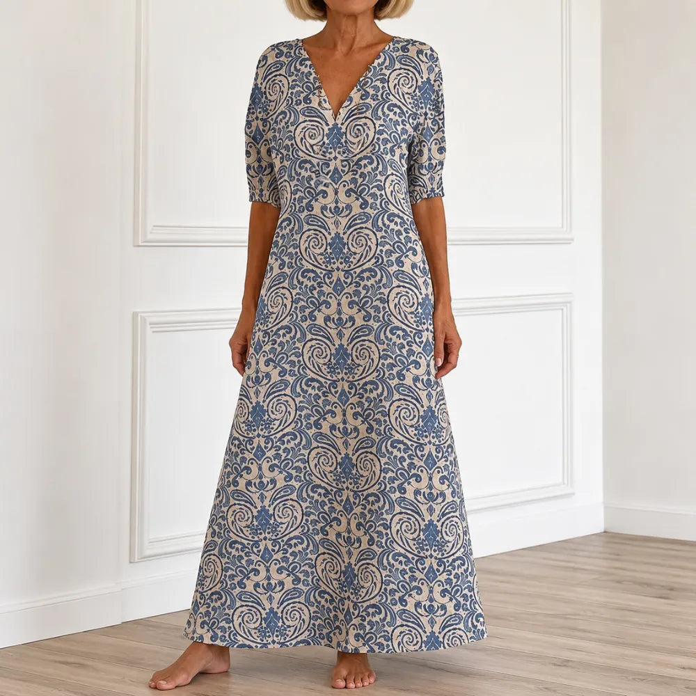Florenza – Vintage Paisley V-Neck A-Line Maxi Dress with Half Sleeves