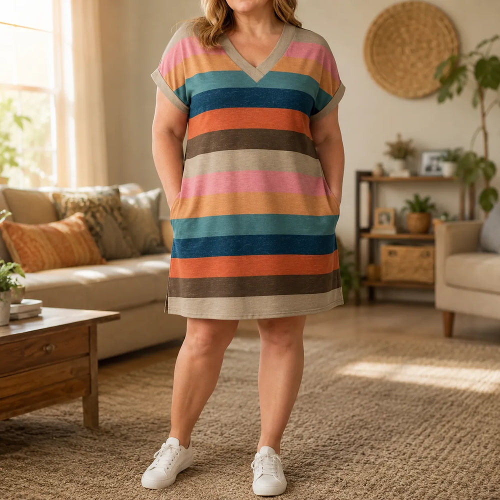 Marlowen – Striped V-Neck Knit T-Shirt Dress for Women, Soft Summer Casual