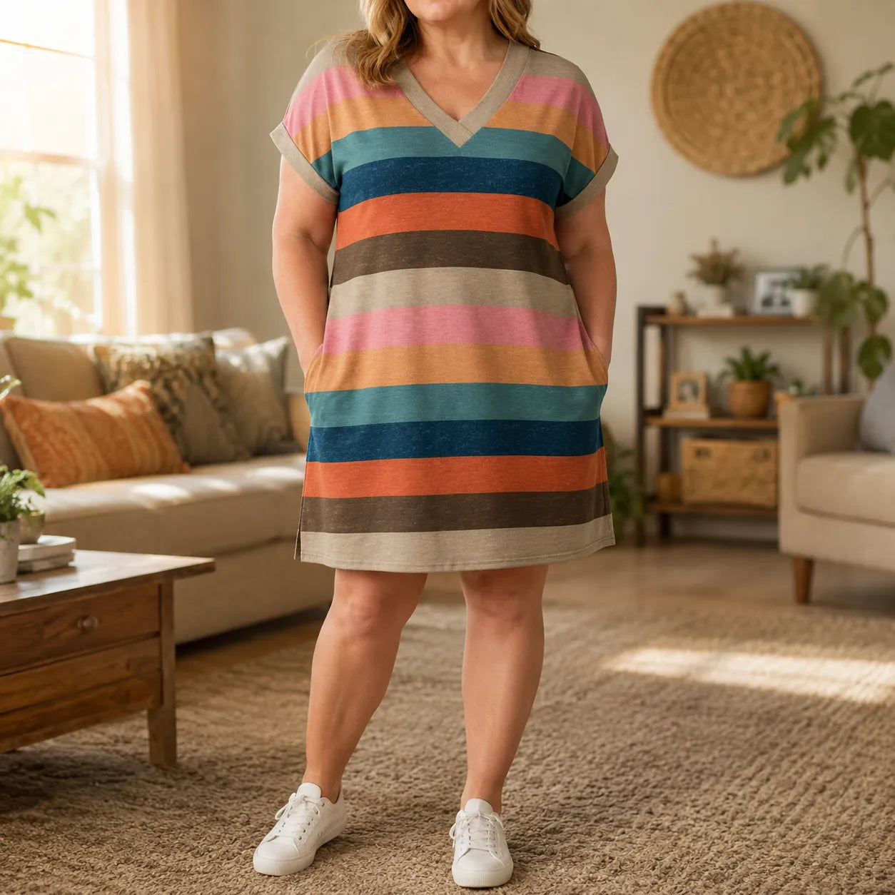 Marlowen – Striped V-Neck Knit T-Shirt Dress for Women, Soft Summer Casual