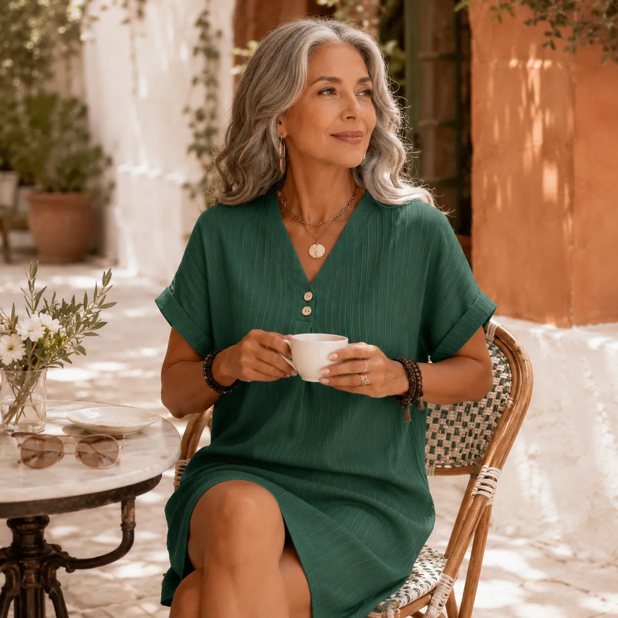 Linora – Ribbed V-Neck Shift Dress with Rolled Short Sleeves