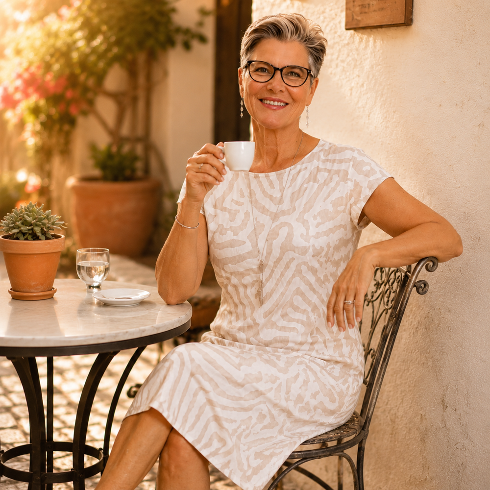 Ingrid™ – Linen Look Midi Shift Dress with Abstract Print, Cap Sleeve
