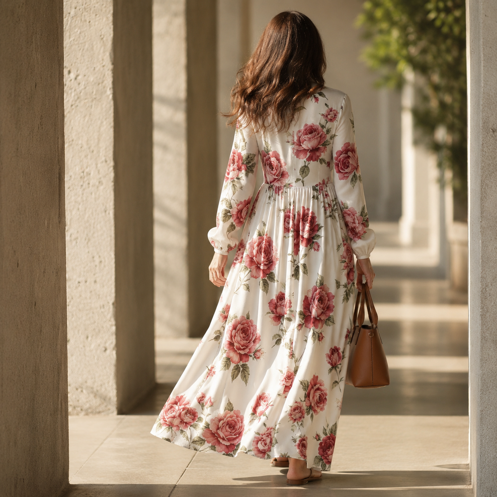 Luvelle™ – Rose Print Button-Front Maxi Dress with Long Sleeves