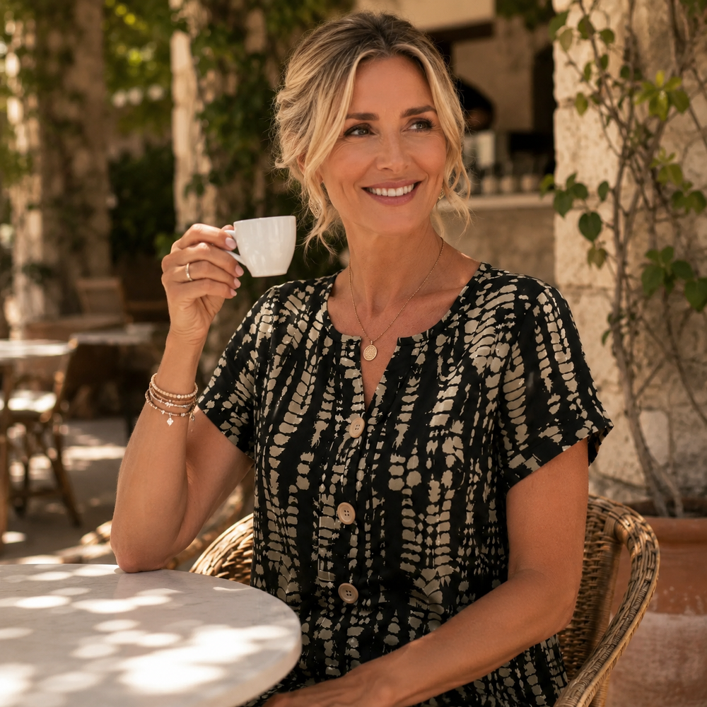 Solara – Printed A-Line Shift Dress with Short Sleeves & Buttons