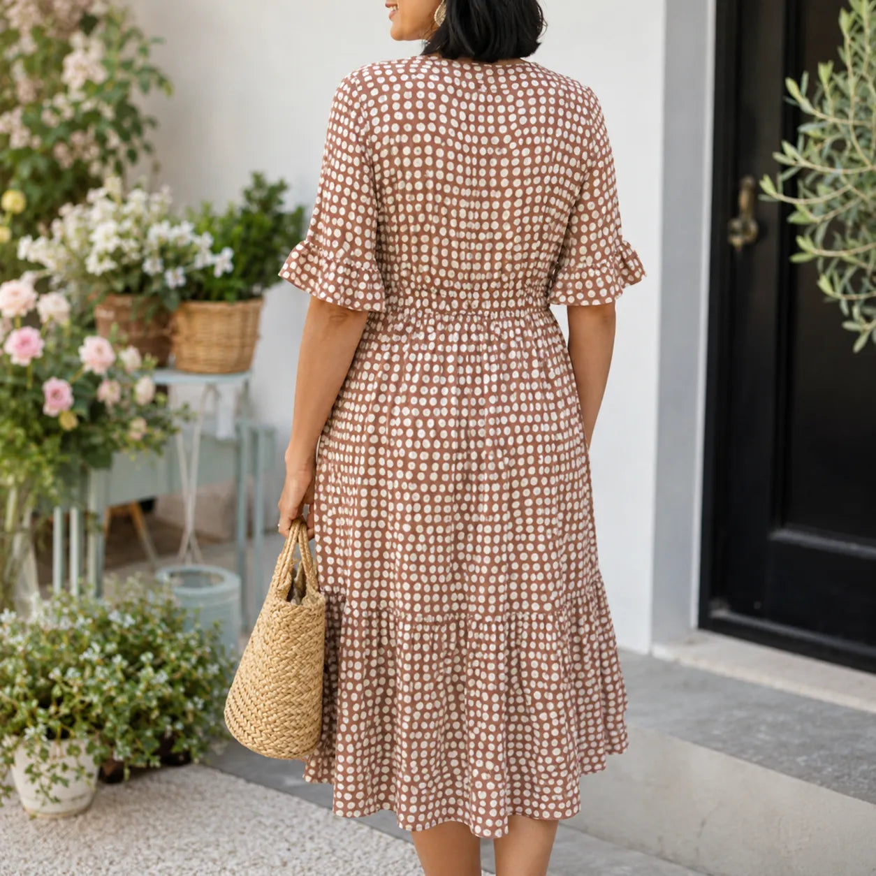 Soleluna – Tiered Polka Dot Midi Dress with Ruffle Sleeves