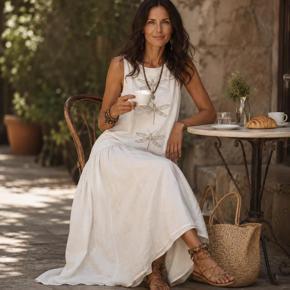 Solenne – Sleeveless Dragonfly Maxi Dress with Drop Waist