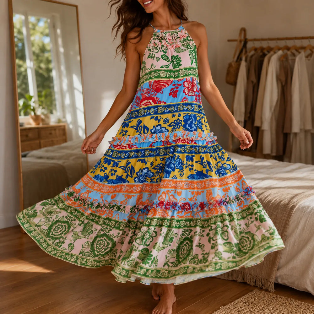 Soleva – Bold Floral Print Halter Maxi Dress for Women