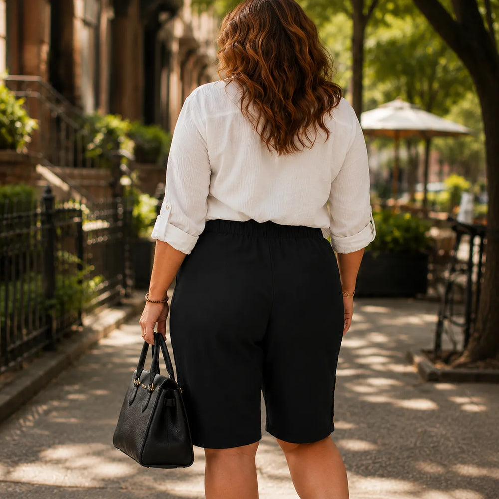 Velora – Plus Size Elastic Waist Capri Pants with Side Button Detail