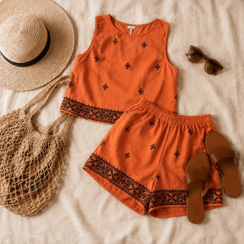 Solara – Boho Two-Piece Set, Sleeveless Top & High-Waisted Shorts