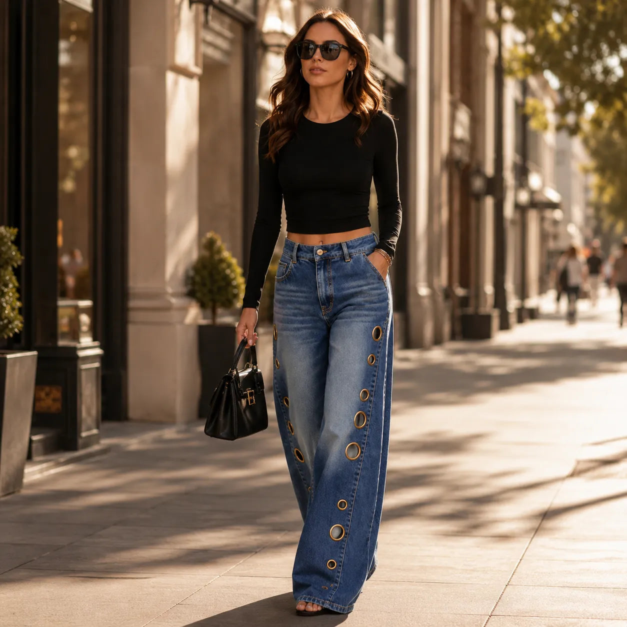 Velmora – Wide Leg Jeans with Brass Grommet Side Detail, High Rise