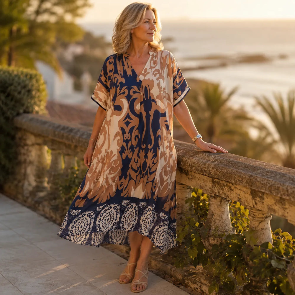 Marivelle – Coastal Damask V-Neck Loose Midi Dress for Women