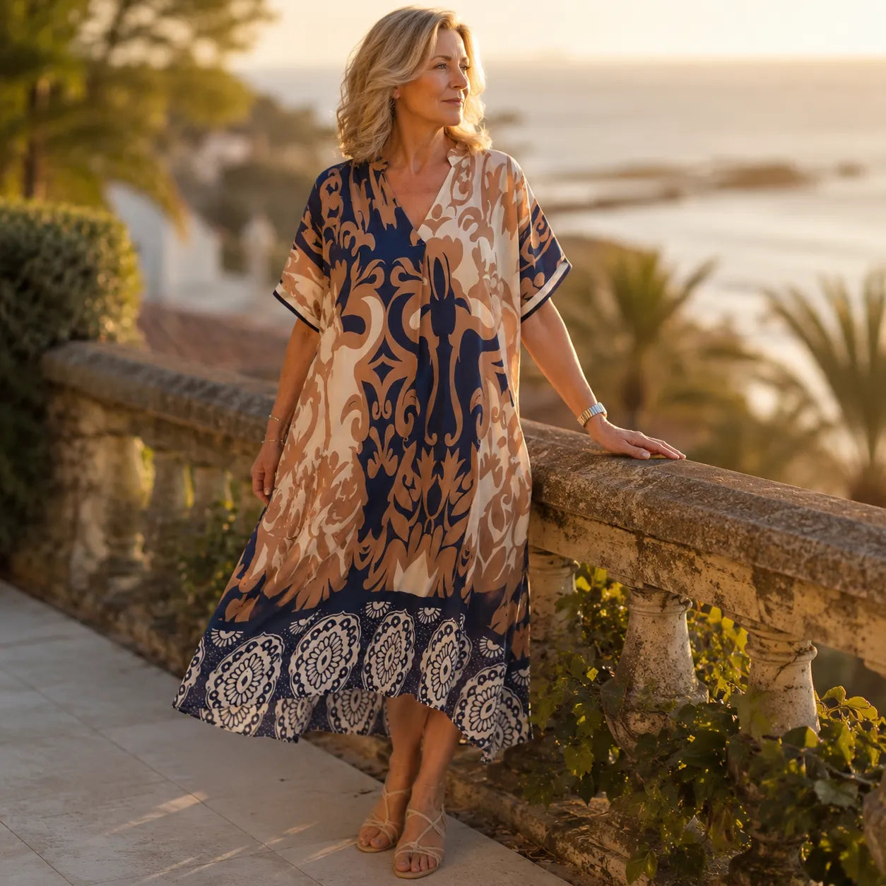Marivelle – Coastal Damask V-Neck Loose Midi Dress for Women