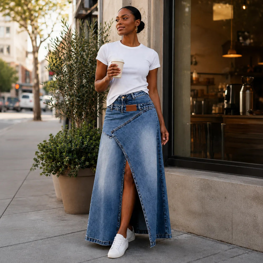 Saviera – Asymmetric Layered Denim Maxi Skirt with High Front Slit