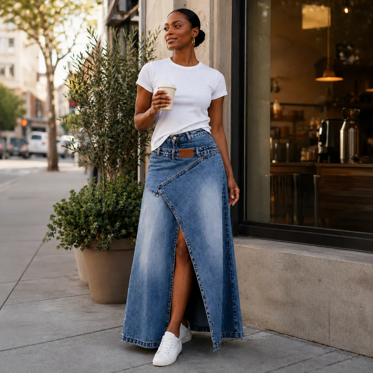 Saviera – Asymmetric Layered Denim Maxi Skirt with High Front Slit