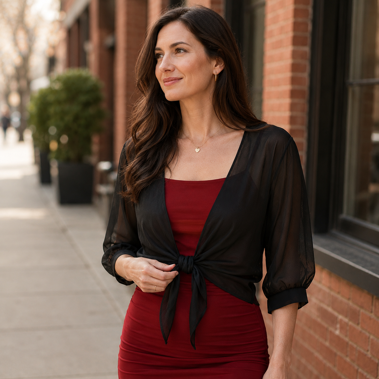 Veluna™ – Chiffon Tie-Front Top with Puff Sleeves