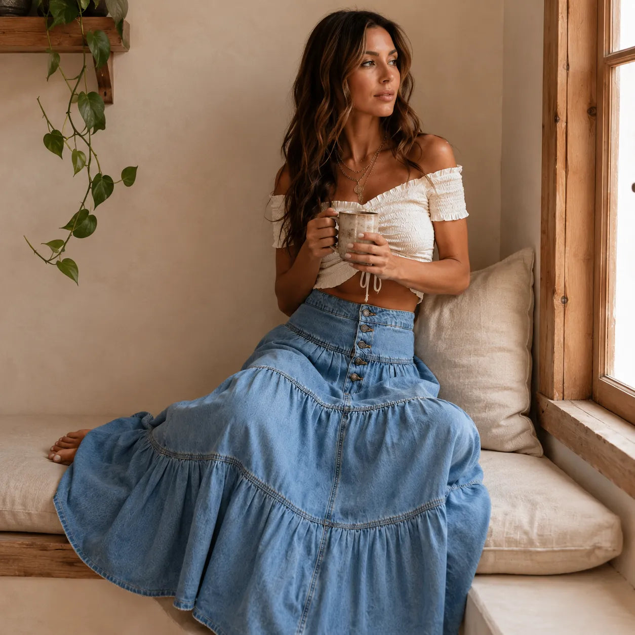 Romella – High Waisted Tiered A-Line Denim Maxi Skirt for Women