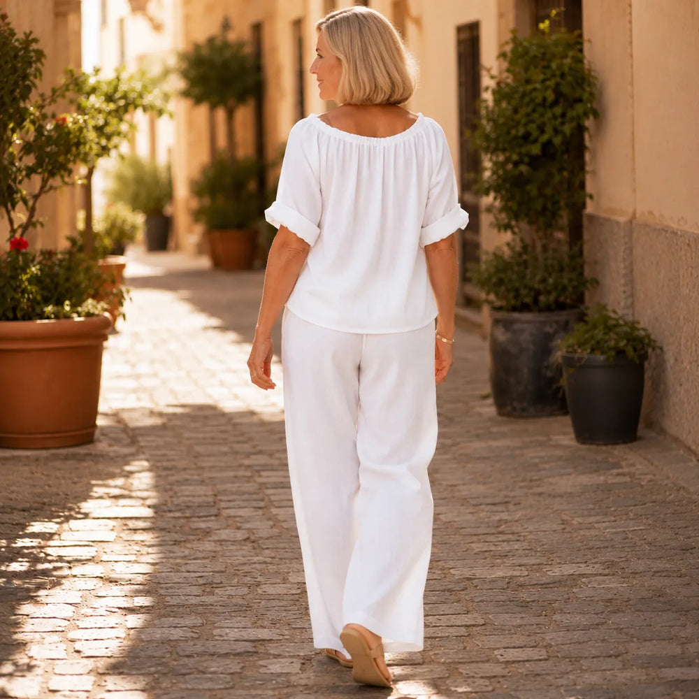 Soléne – Off-Shoulder Drawstring Top & Wide-Leg Pants 2-Piece Set