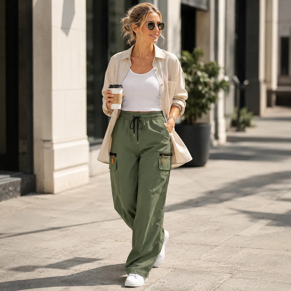 Solene – Wide-Leg Drawstring Cargo Pants with Pockets