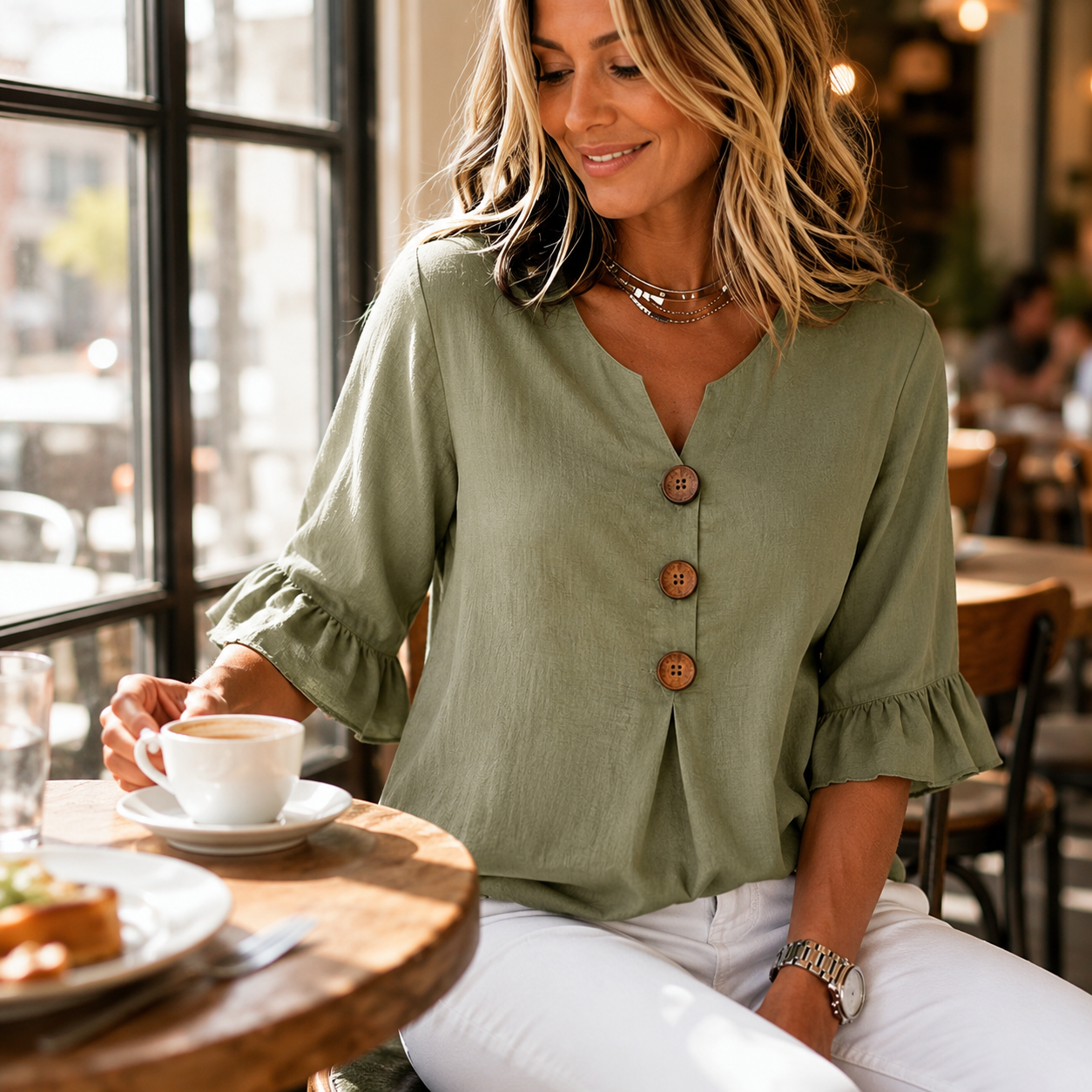 Laurelle™ – V-Neck Ruffle Sleeve Blouse with Buttons