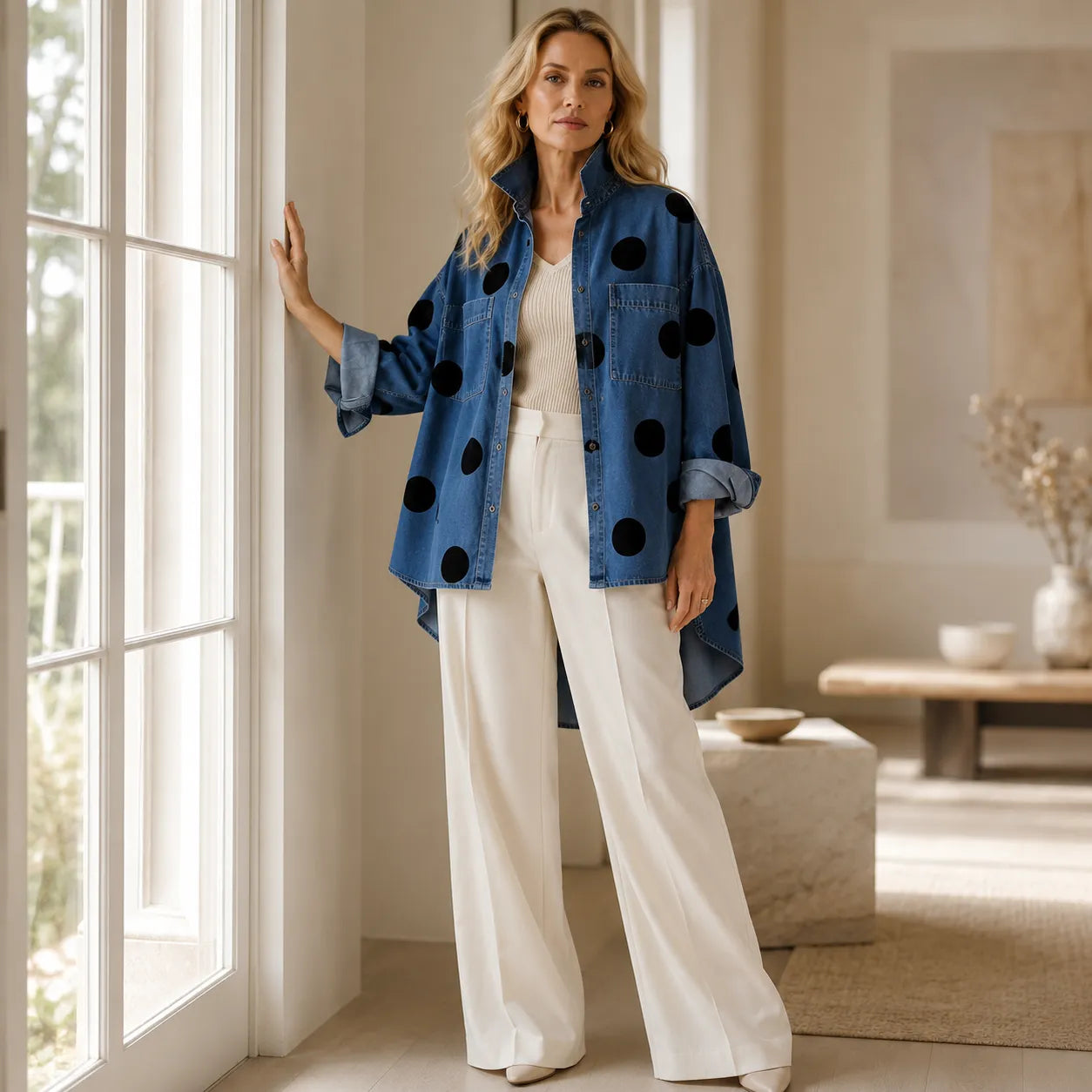 Marevelle – Oversized Polka Dot Denim Shirt with Stand Collar