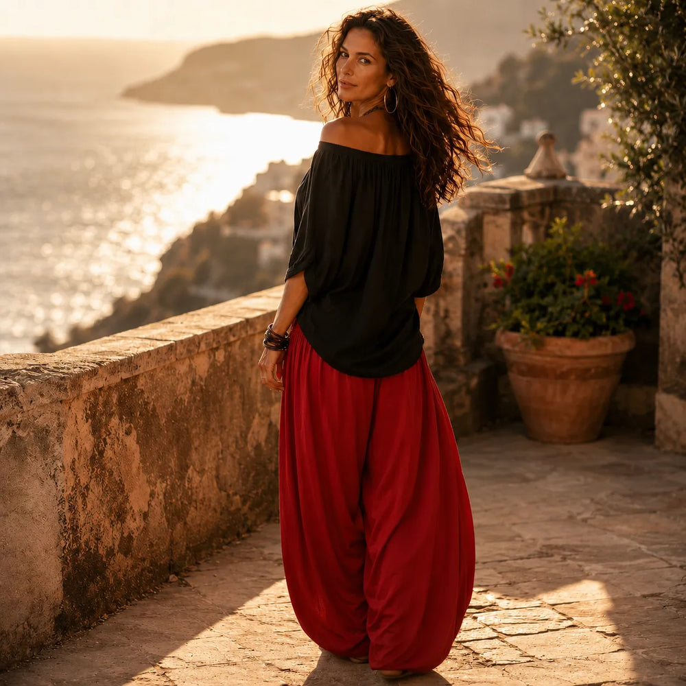 Solenza – Off-Shoulder Boho Top and Lantern Pants Set for Women