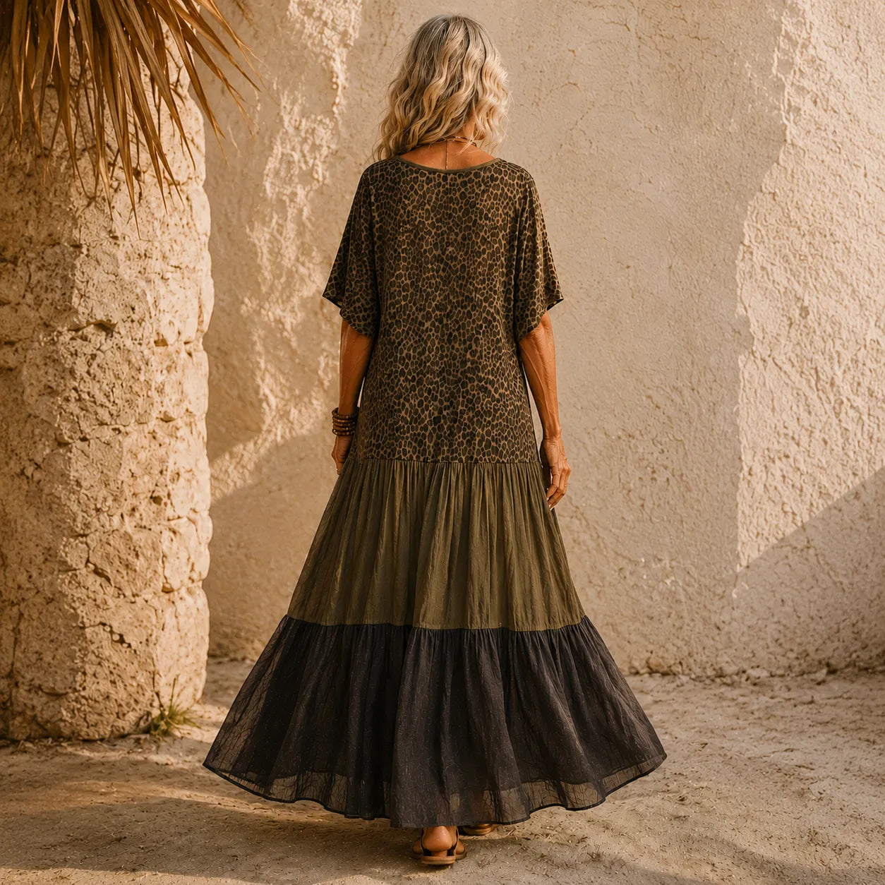 Marenza – Boho Tiered Maxi Dress with Leopard Bodice, Color-Block Skirt, V-Neck