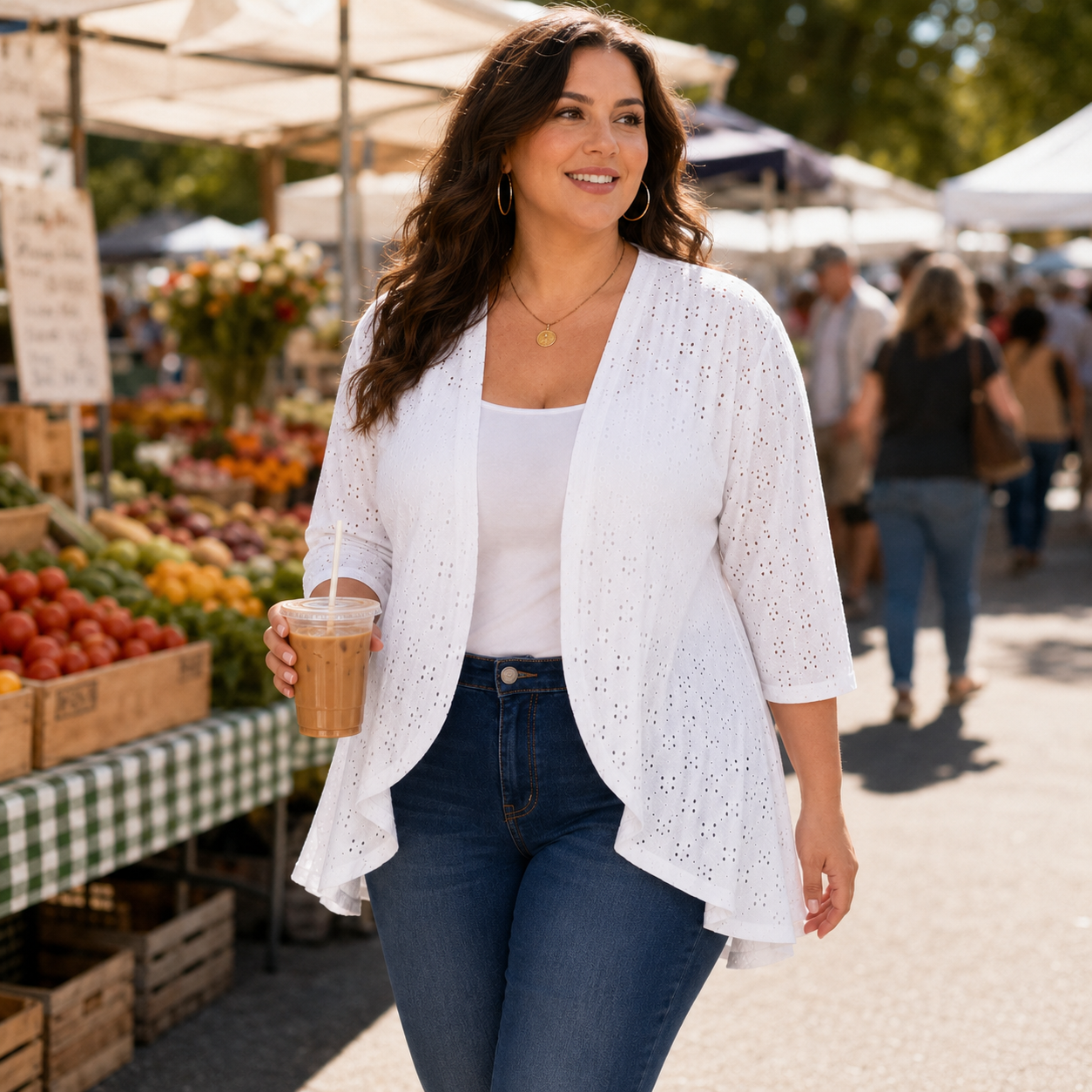 Veluna™ – Lightweight Eyelet Open-Front Cardigan for Women, 3/4 Sleeve Ruffle Hem Summer Layer