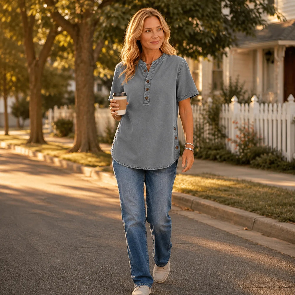 Avelyn – Henley Denim-like Tunic Top with Side Buttons for Women