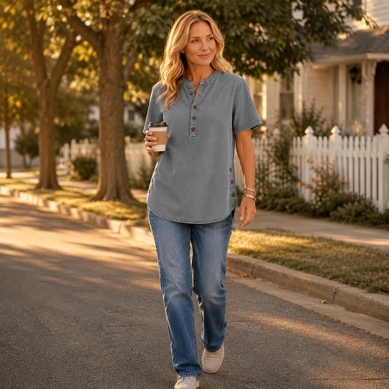 Avelyn – Henley Denim-like Tunic Top with Side Buttons for Women