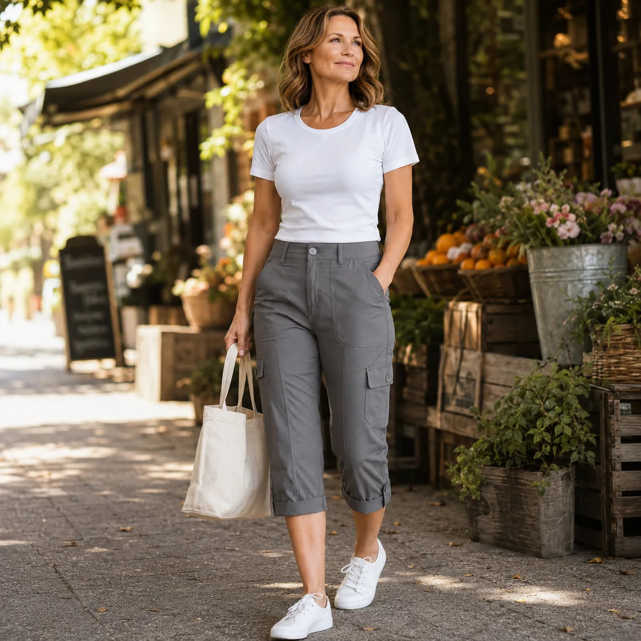 Caliva – Cropped Cargo Capri Pants with Cuffed Hem and Pockets