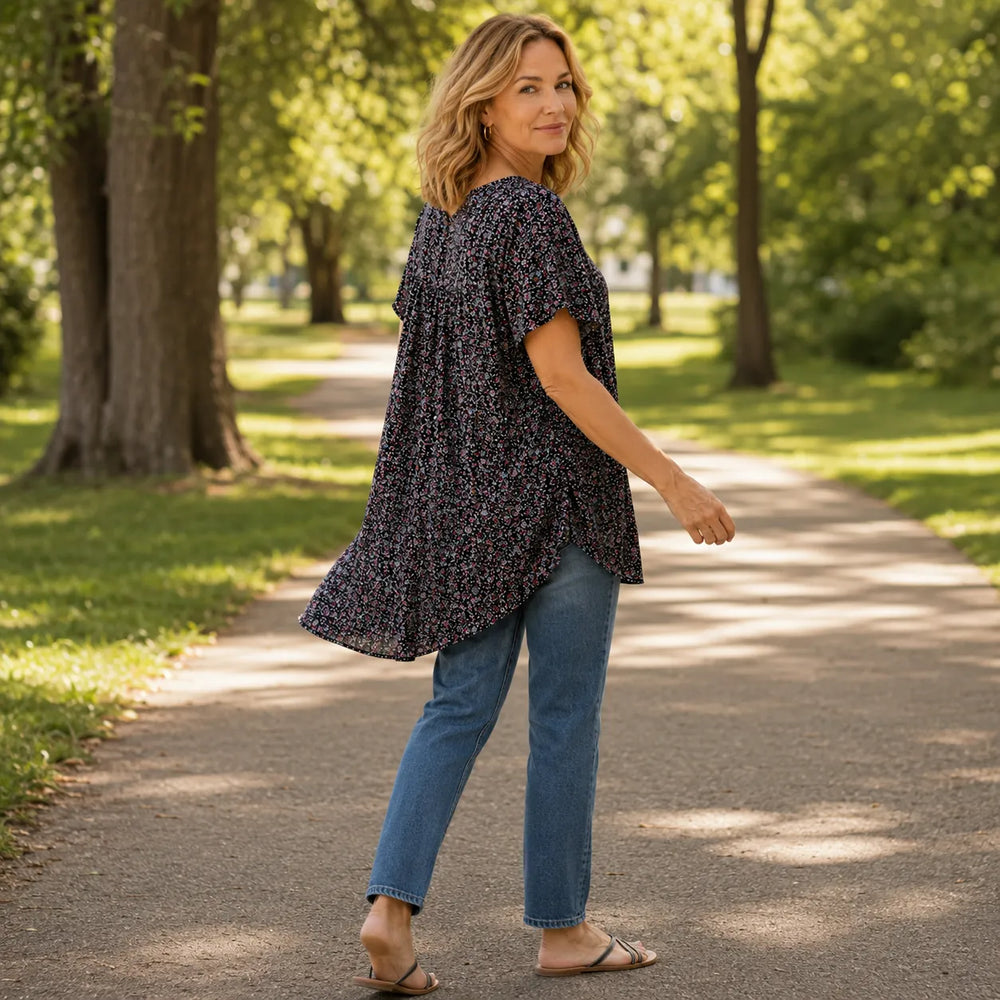 Florenza – Floral V-neck Short Sleeve Tunic Top for Women