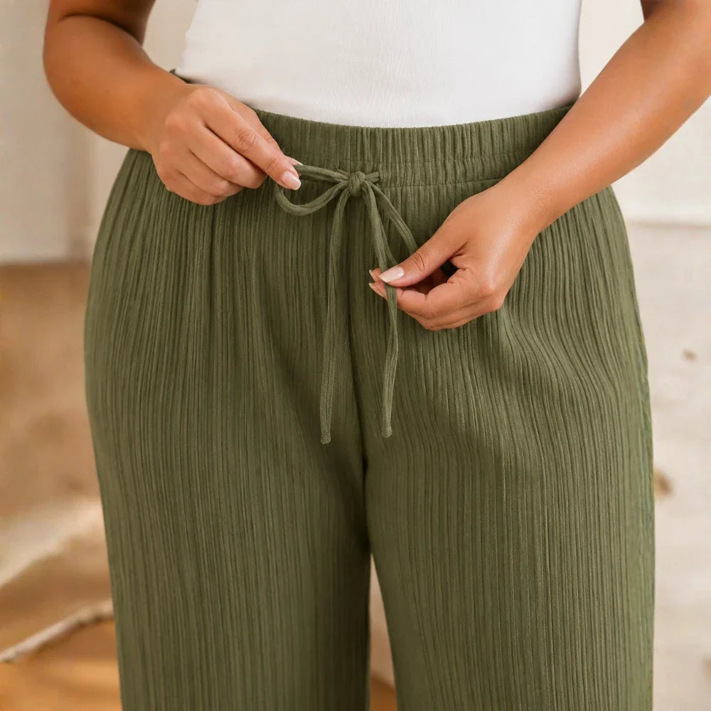 Velora – Ribbed Wide-Leg Capri Pants with Drawstring Waist & Side Slit, Plus Size 1XL–5XL