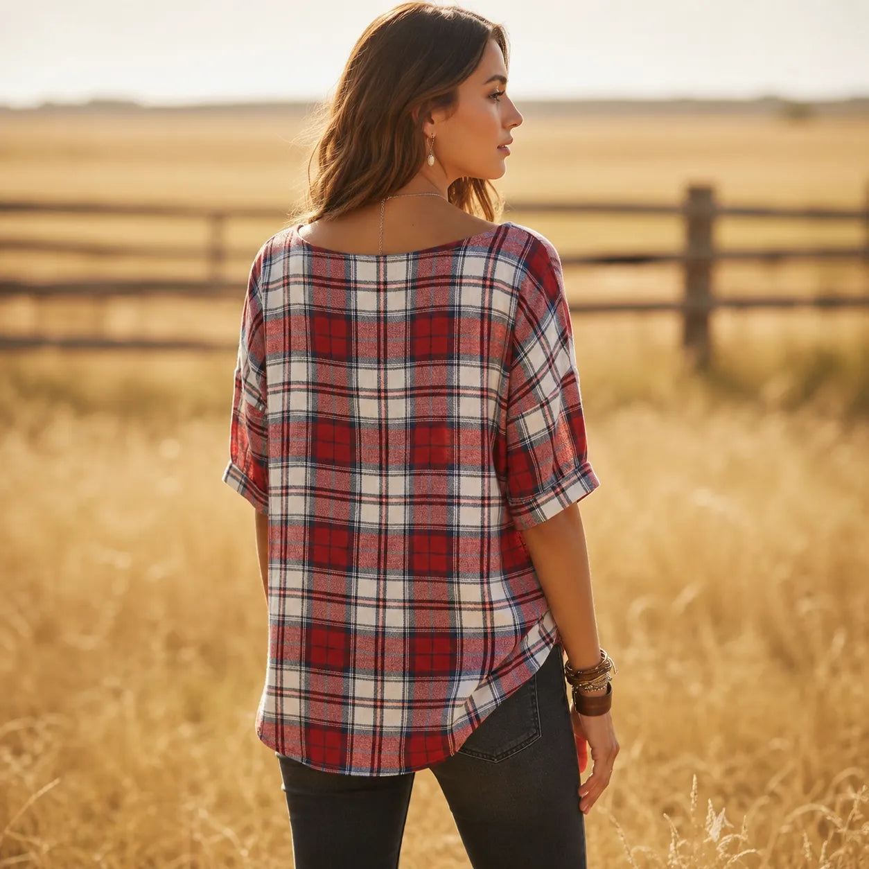 Wrenfield – Plaid Round Neck Blouse with Cuffed Sleeves