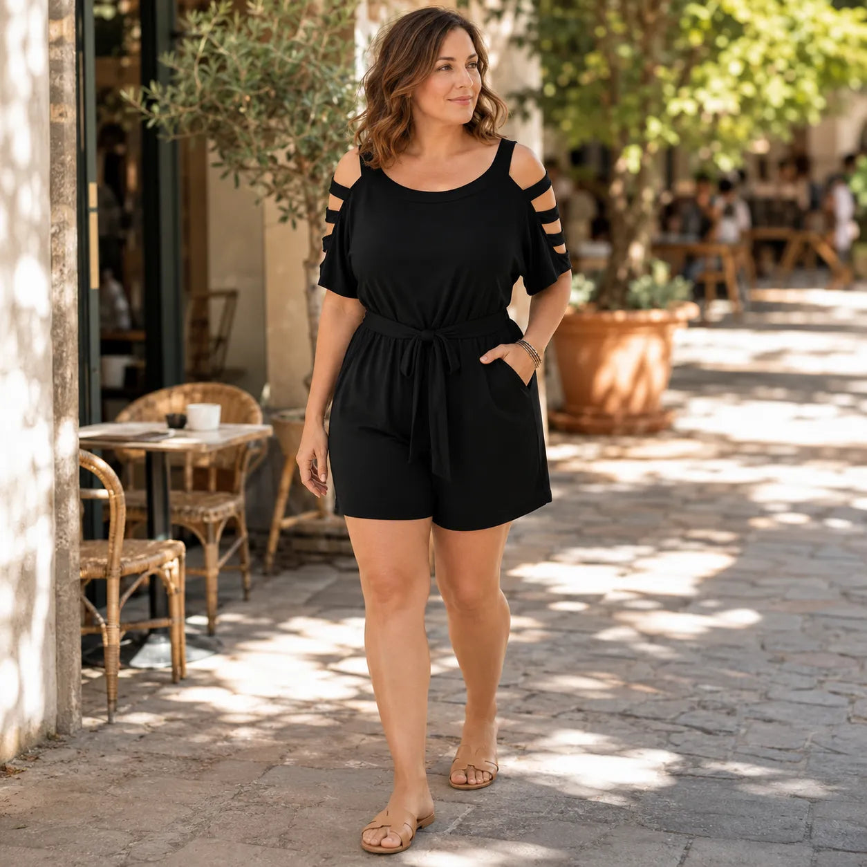 Vivelyn – Ladder Sleeve Tie Waist Romper
