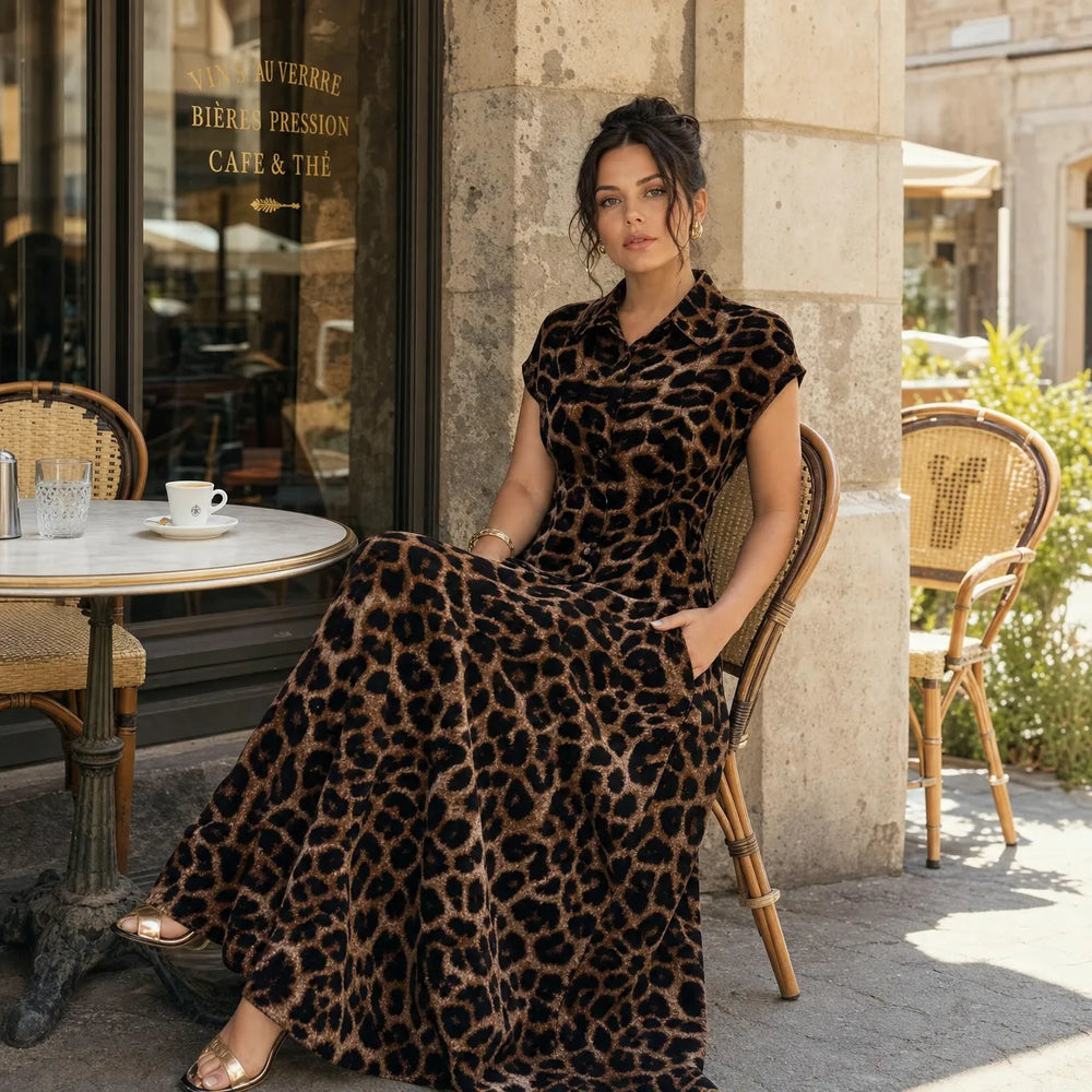 Veluxa – Leopard Print Cinched Waist Maxi Shirt Dress with Pockets