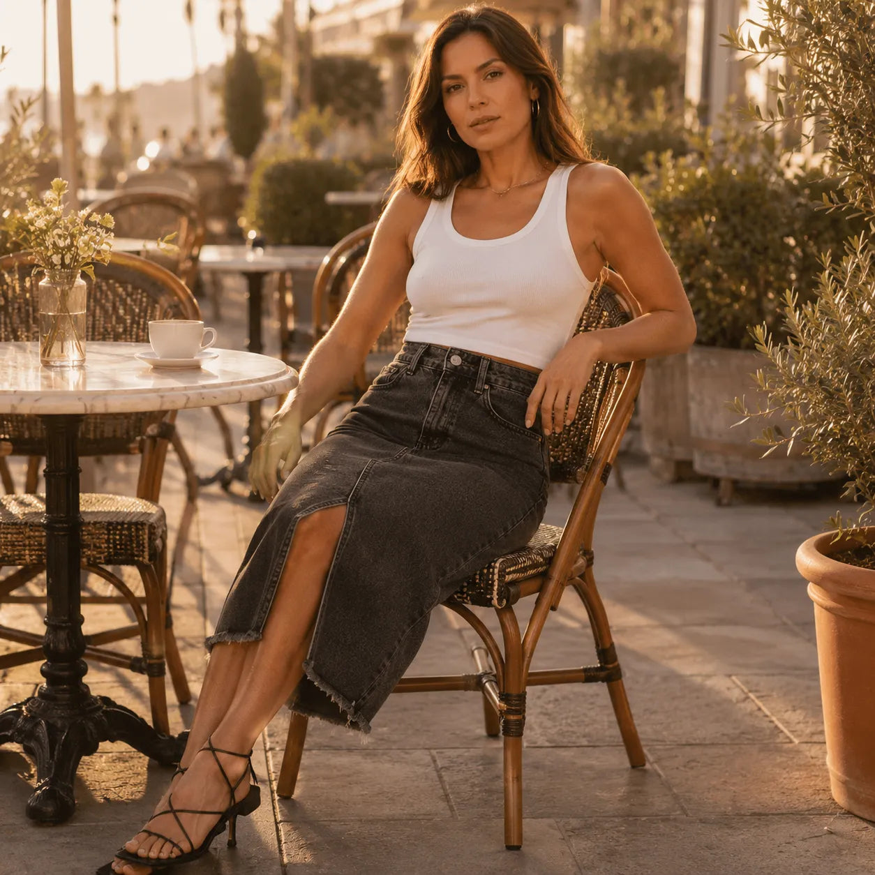 Marivel – High Waisted Denim Midi Skirt with Front Slit and Frayed Hem