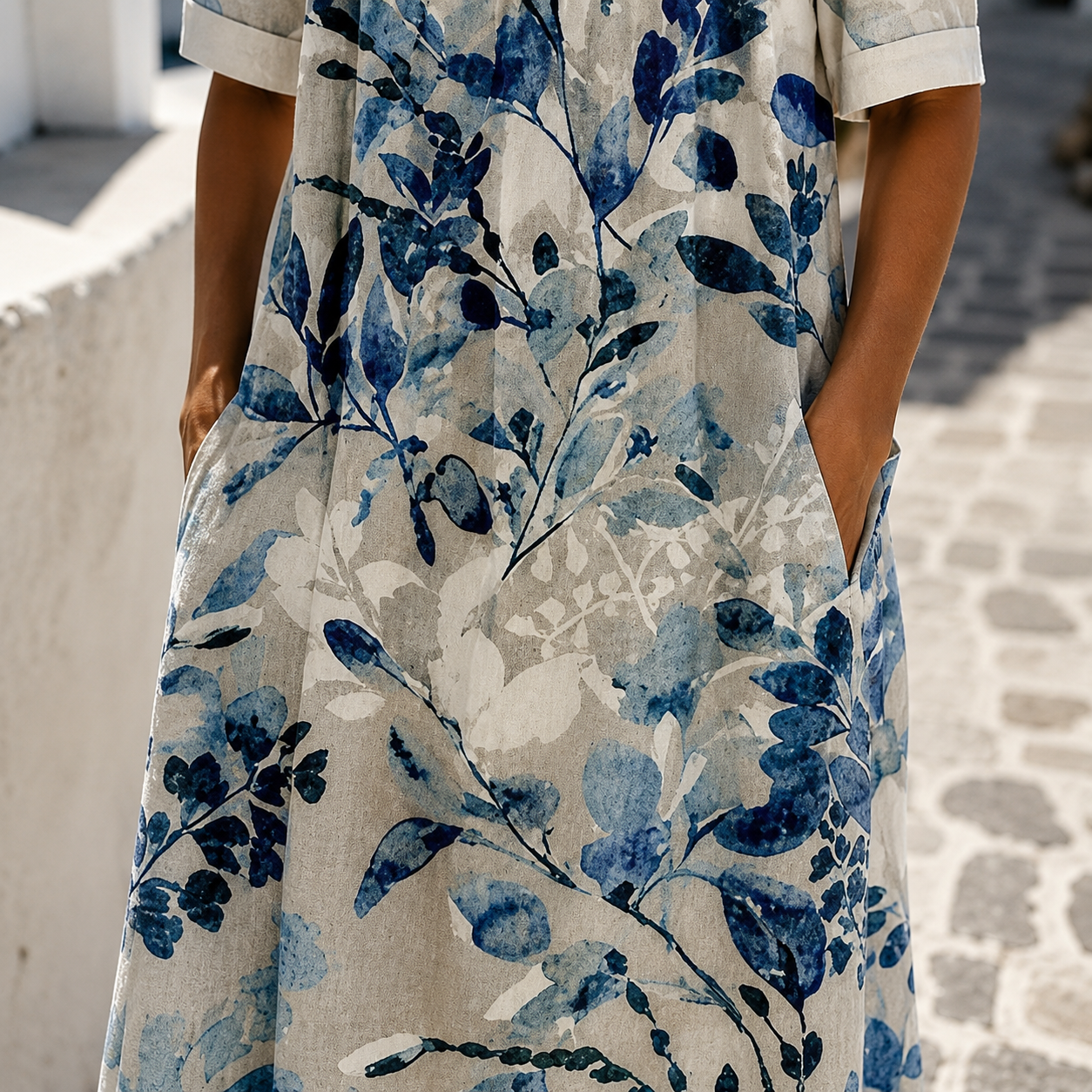 Marivelle™ – Botanical Print Midi Shift Dress with Pockets