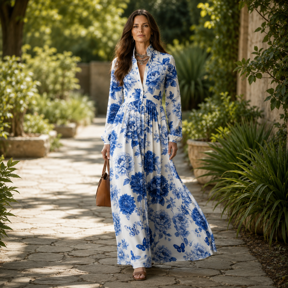 Mirabel™ – Blue Floral Peony Button-Front Maxi Shirt Dress with Pockets